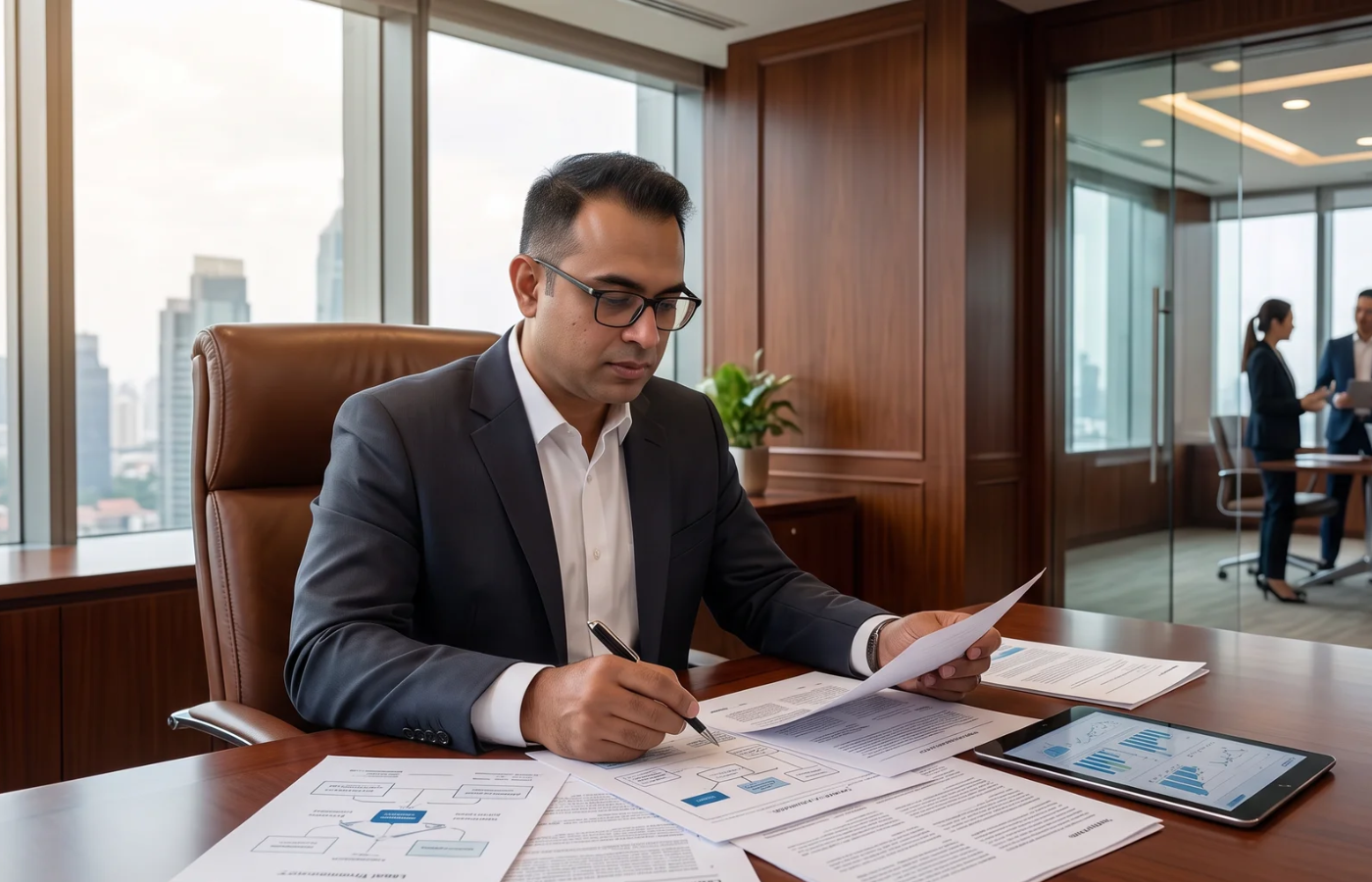 Business professional reviewing market research and data